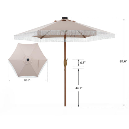 GDY 7.5ft Tassel Patio Umbrella and Matching Base, Outdoor Table Umbrella with 18 LED Lights,Market Umbrella with 6 Sturdy Ribs, with Push Button Tilt and Crank, Bright White