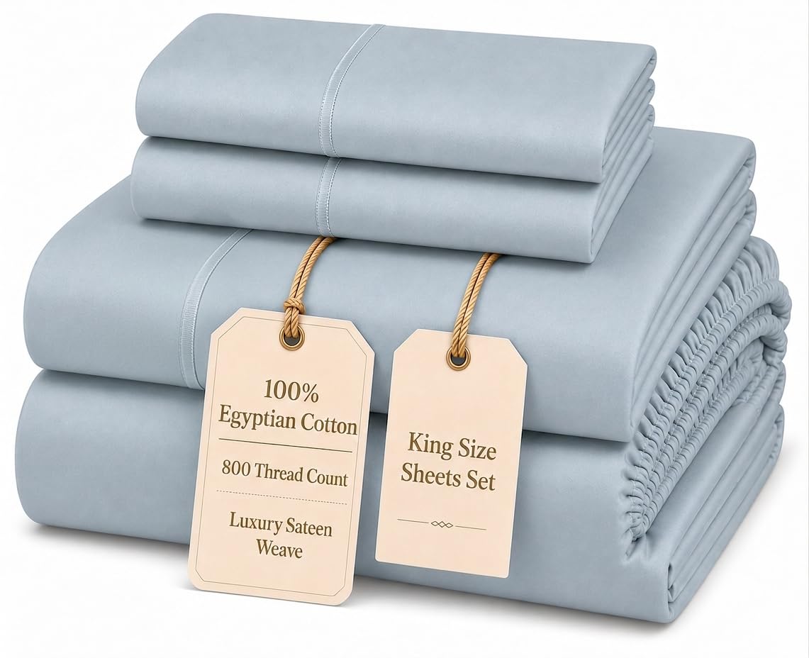 100% Egyptian Cotton Sheets King Size Sheets Set with Fully Elasticated 15" Deep Fitted Sheet & Pillowcase Sets, 800TC Sateen Weave Hotel Collection King Sheet Set, Soft Luxury White Bedding