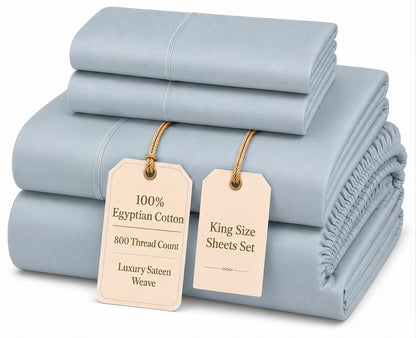 100% Egyptian Cotton Sheets King Size Sheets Set with Fully Elasticated 15" Deep Fitted Sheet & Pillowcase Sets, 800TC Sateen Weave Hotel Collection King Sheet Set, Soft Luxury White Bedding