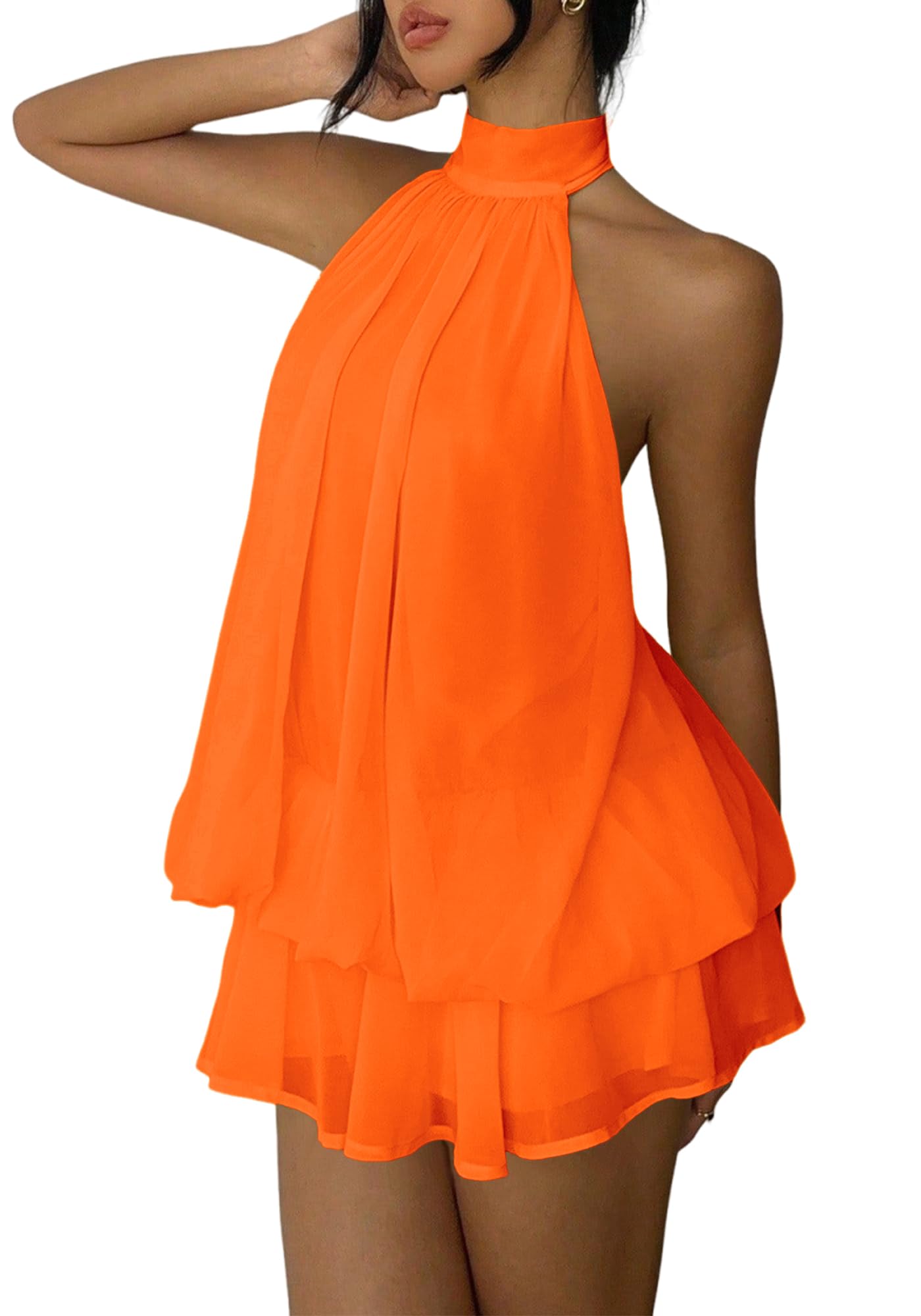Women's Chiffon Halter Drop Waist Mini Dress Wedding Guest Dresses Ruffle Formal Club Holiday Brunch Outfits