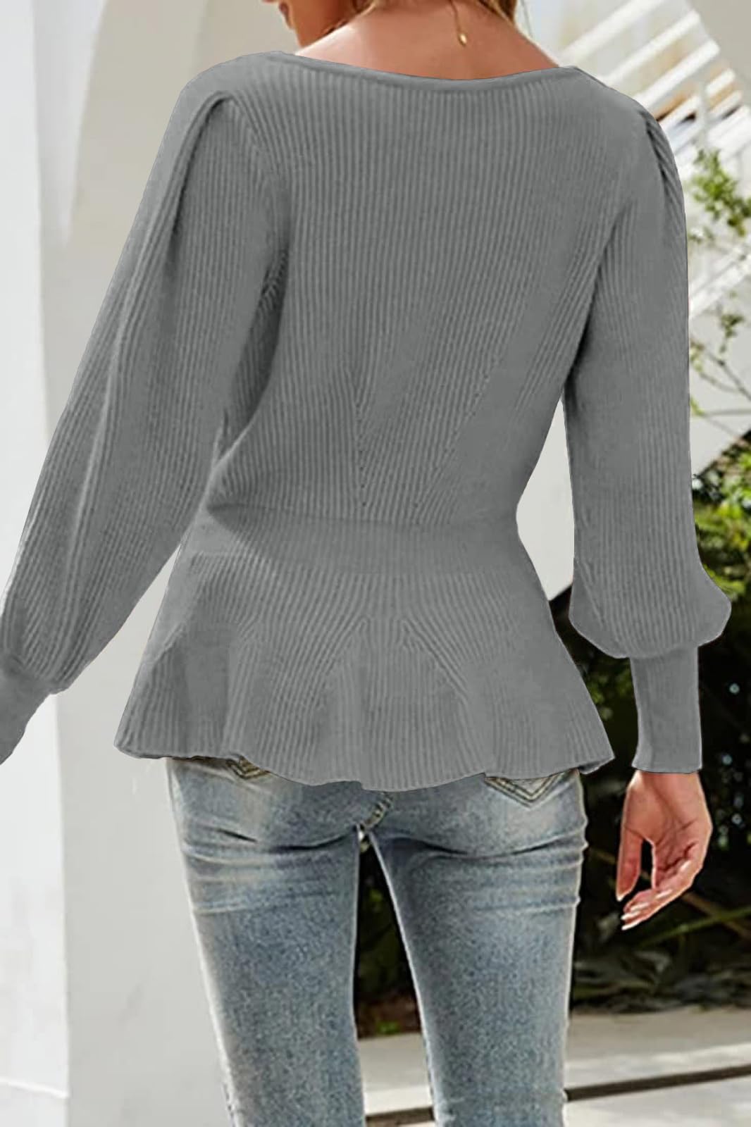 Womens Fall Puff Sleeve Peplum Casual Slim Fit Knit Pullover Sweater