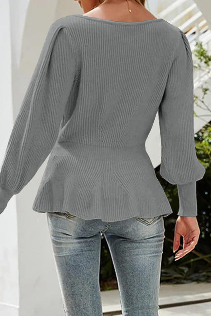 Womens Fall Puff Sleeve Peplum Casual Slim Fit Knit Pullover Sweater