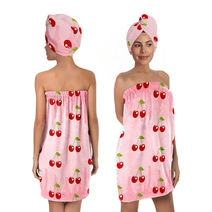 Strawberry Print Bath Wrap and Hair Drying Towel Set – Microfiber Quick Dry Shower Body Wrap for Women, Absorbent Spa Skirt with Elastic Band and Cute Bow Design (Strawberry 1)