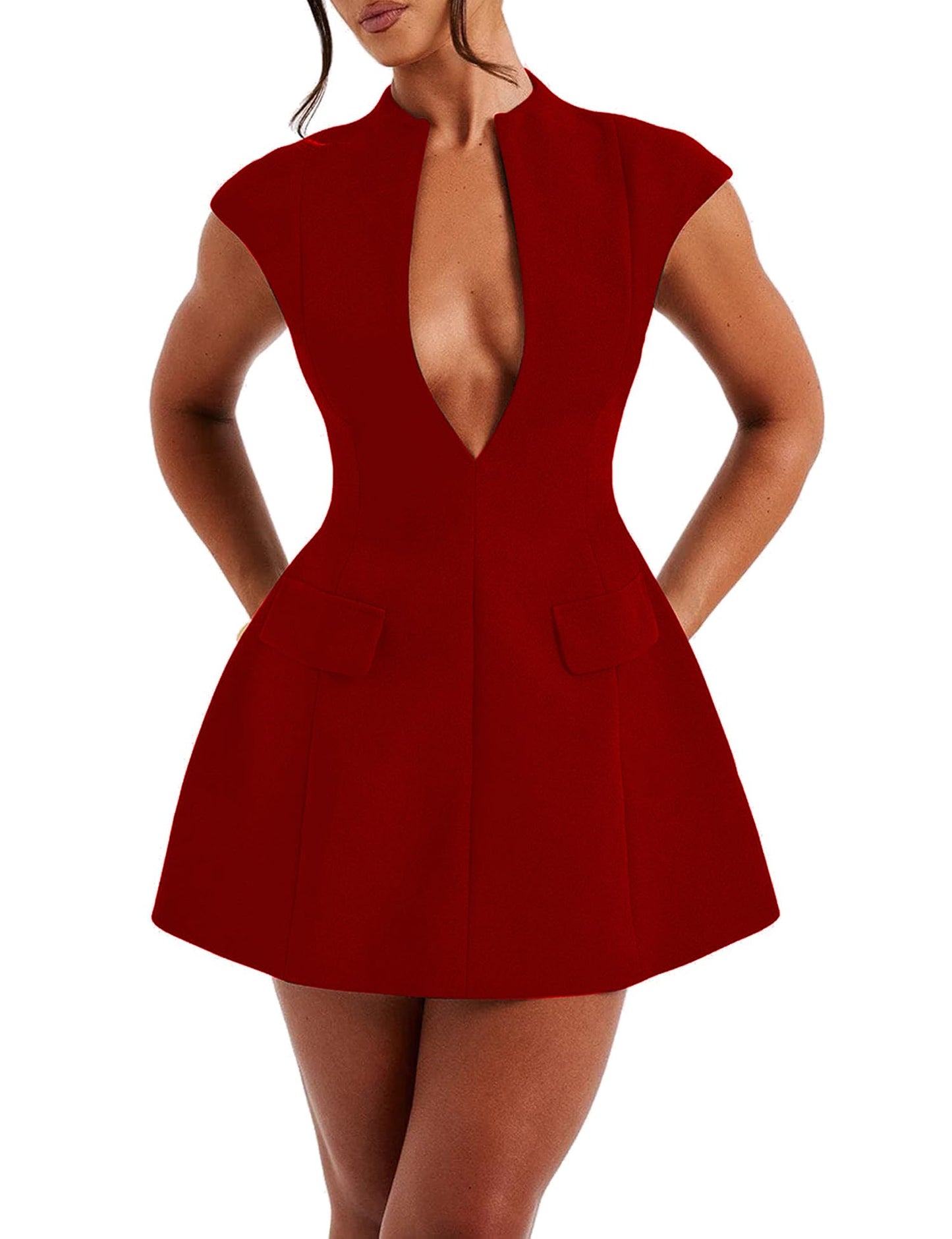 LuFeng Women's Sexy Cap Sleeve Deep V Neck Zipper A-line Mini Dress