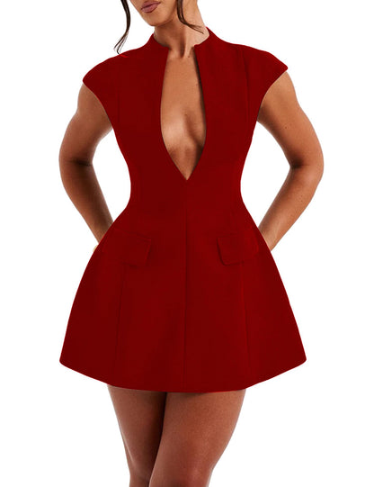 LuFeng Women's Sexy Cap Sleeve Deep V Neck Zipper A-line Mini Dress