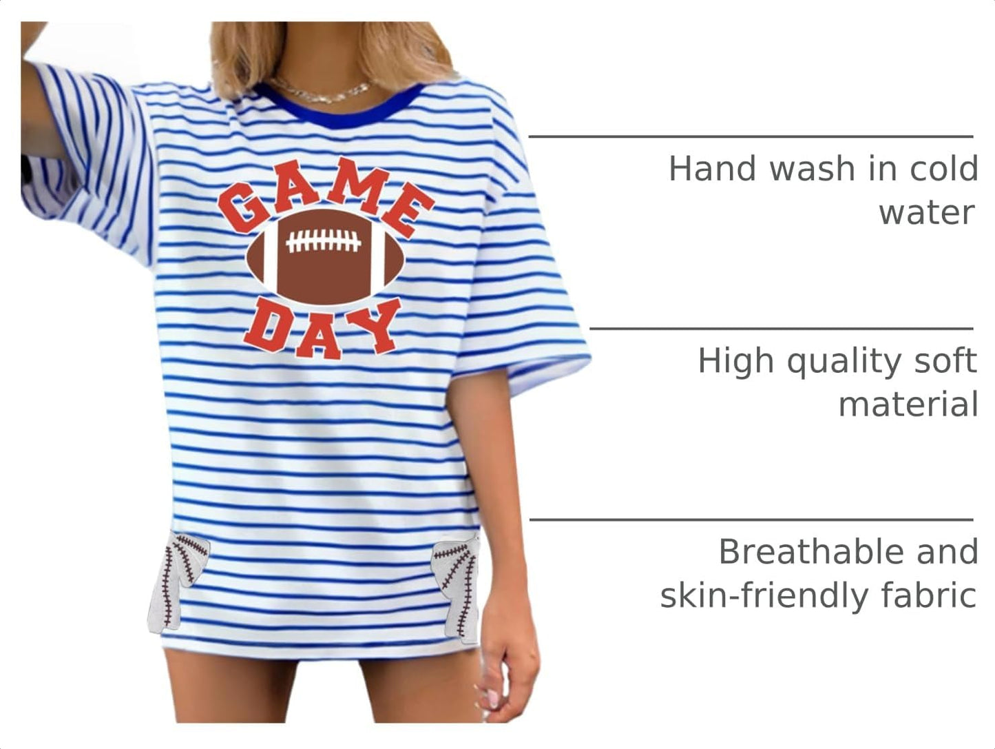 Football Shirts for Women Oversize Game Day T-Shirts Bow Side Split T-Shirt | Football Season Graphic Tee Tops Oversize Football Graphic Short Sleeve Tee Top