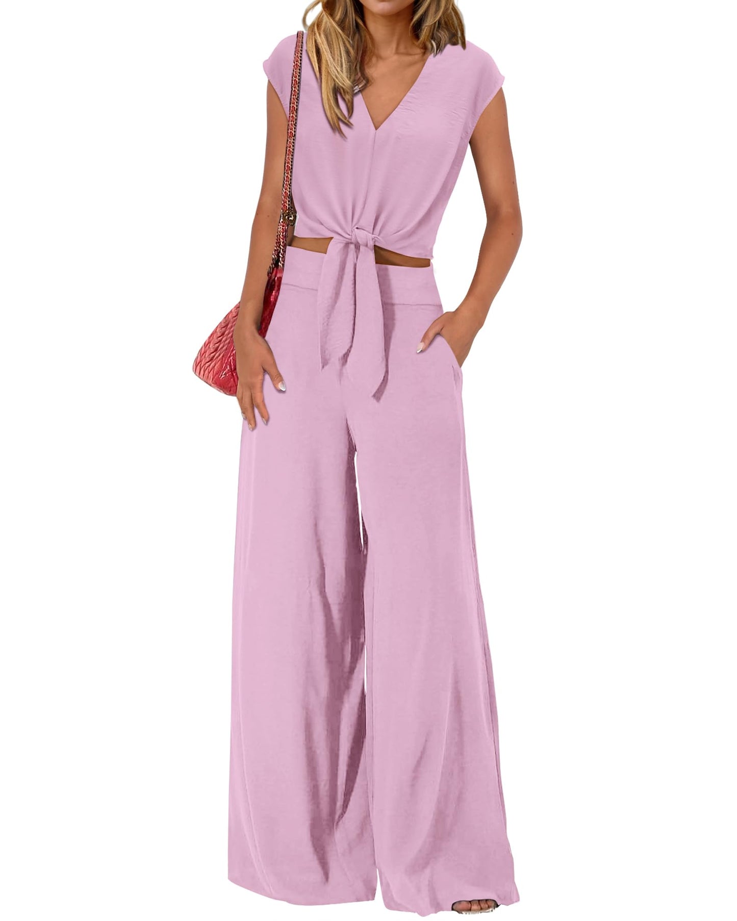 PRETTYGARDEN Women's Summer 2 Piece Outfits 2026 Cap Sleeve V Neck Belted Crop Tops Wide Leg Pant Sets Casual Tracksuit