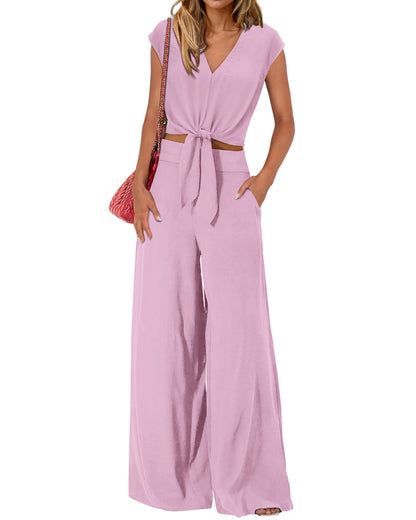 PRETTYGARDEN Women's Summer 2 Piece Outfits 2026 Cap Sleeve V Neck Belted Crop Tops Wide Leg Pant Sets Casual Tracksuit