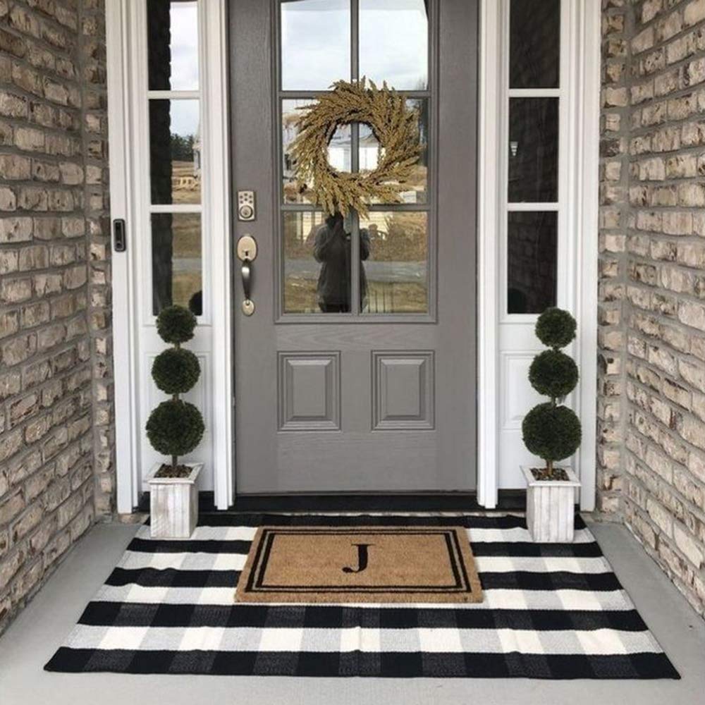 Christmas Door Mat Outdoor 35.4''x59'' Buffalo Plaid Christmas Decor Rug Cotton Hand-Woven Layered Door Mats Washable Carpet for Front Porch, Kitchen, Farmhouse, Entryway