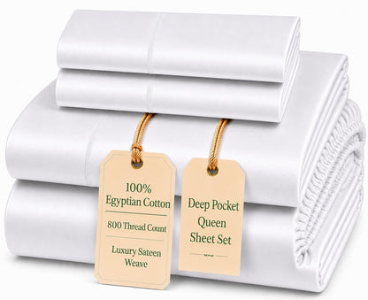 100% Egyptian Cotton Sheets King Size Sheets Set with Fully Elasticated 15" Deep Fitted Sheet & Pillowcase Sets, 800TC Sateen Weave Hotel Collection King Sheet Set, Soft Luxury White Bedding