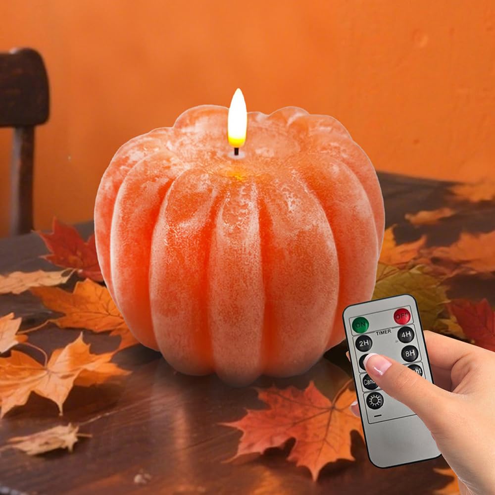 Fall Decor, Fall Decorations for Home - Flameless Pumpkin Candle with Timer Remote - Room Bedroom Table Farmhouse Decor for Halloween, Thanksgiving, Orange+White