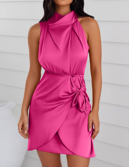 ZESICA Women's Satin Sleeveless Halter Tie Waist Wrap Bodycon Mini Dress | 2026 Summer Fashion Short Dresses, Silky High Waist Dress, Above Knee Length, Sexy Cocktail Party Club Outfits