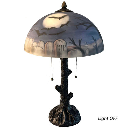 Bieye L10973 Bats Flying Over Graveyard at Full Moon Night Hand-Painted Glass Table Lamp for Helloween Decor (Blue, 14x22 inch)