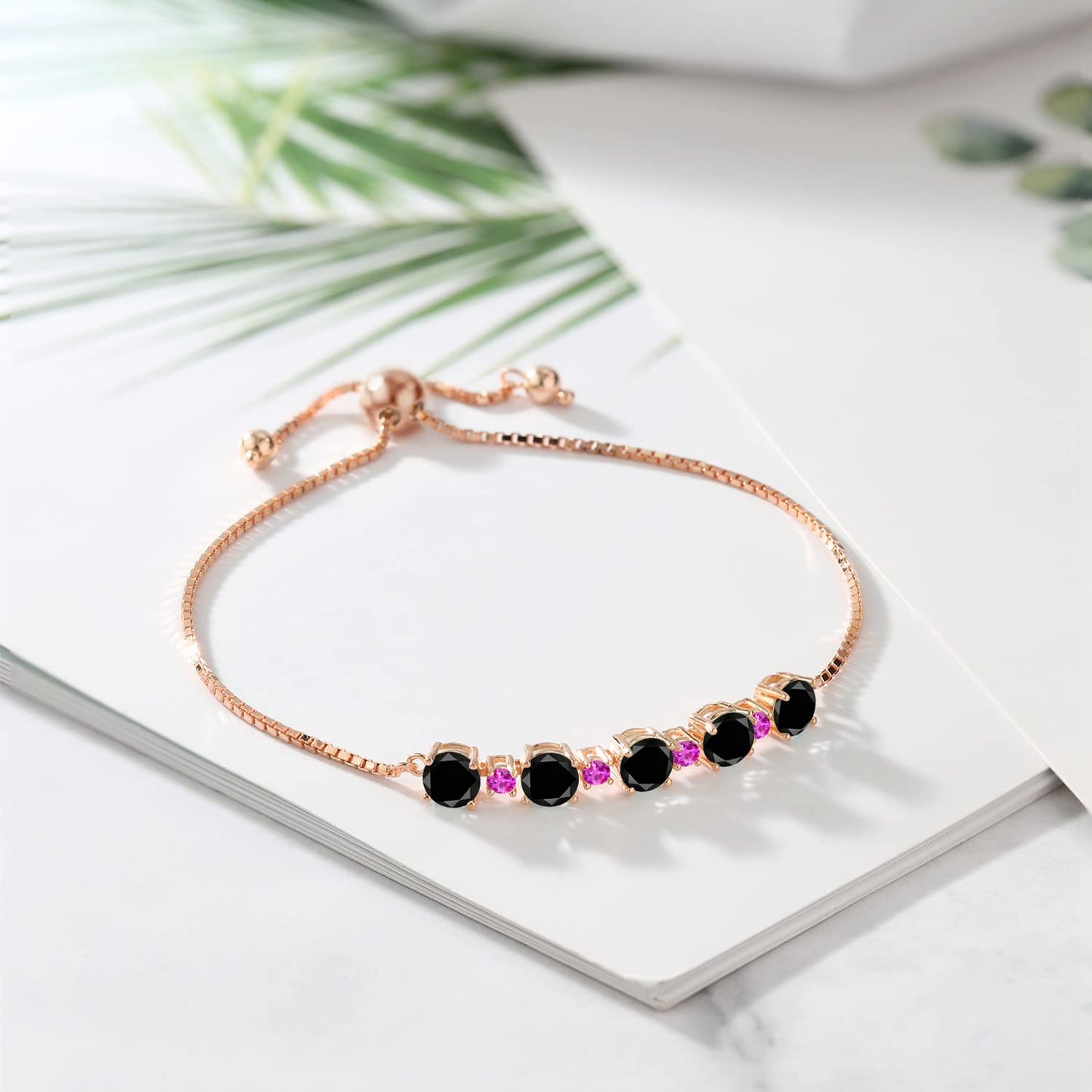 Gem Stone King Gemstone Birthstone and Pink Sapphire Tennis Bracelet 18K Rose Gold Plated Silver | Round 5MM and 2.5MM | Adjustable Bolo Design | Easy-On Easy-Off