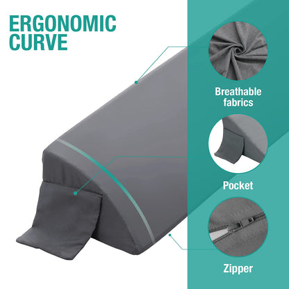 Vekkia King Bed Wedge Pillow for Headboard Gap, 0–6" Gap Filler with Side Pockets & Washable Cover, Gray 76"x10"x6"