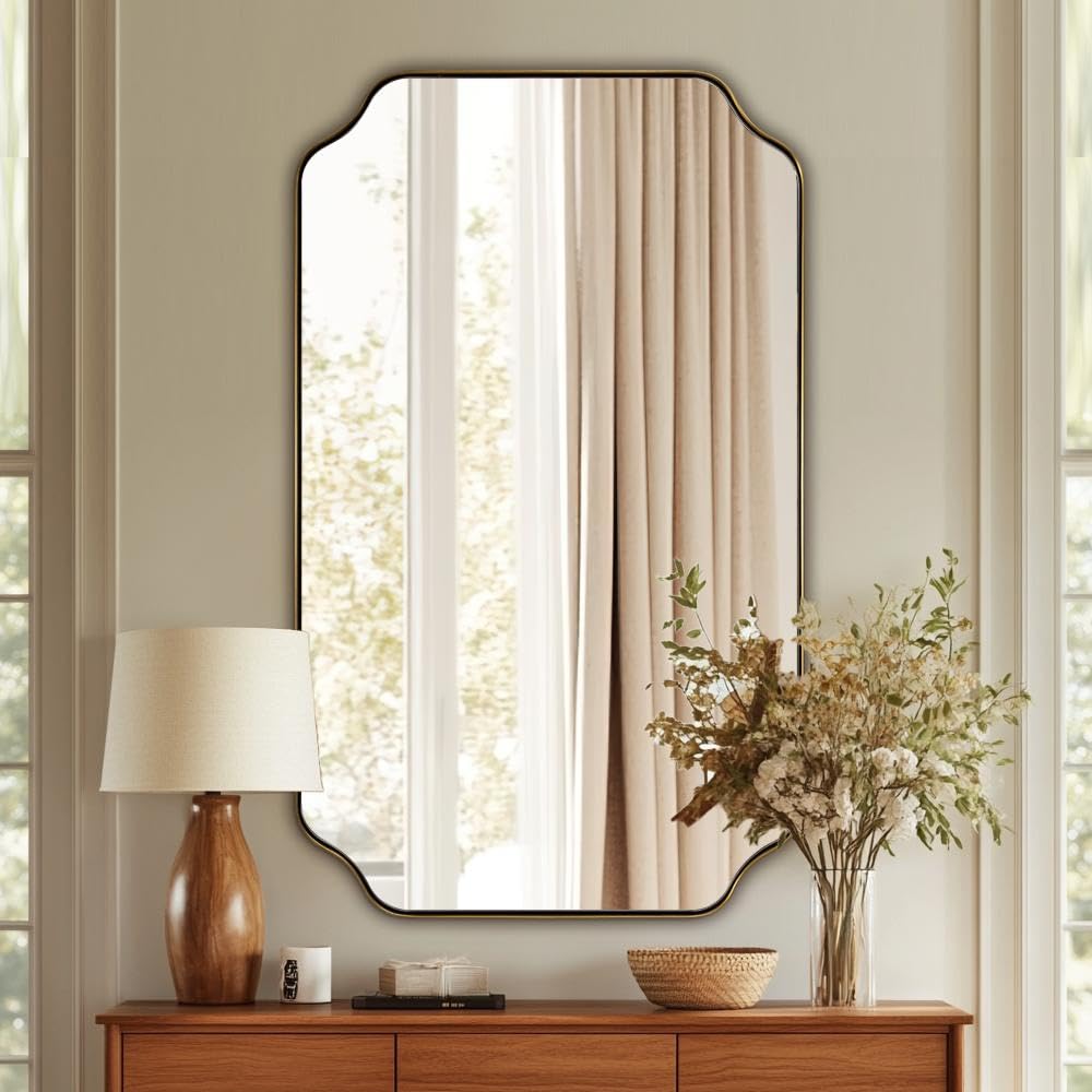 ANDY STAR Unique Rectangle Wall Mirror, 24"x32" Black Mirror, Modern Mirror with Aesthetic Scalloped Edge Design Ideal for Bathroom, Bedroom or Entryway, Thin Frame Deep 1’’