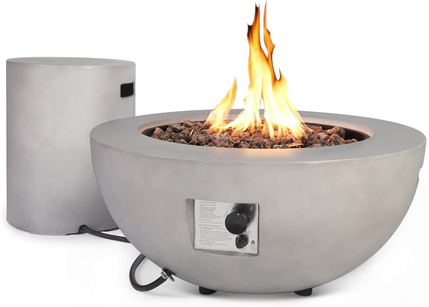 31.5 Inch Round Propane Fire Pit Table - Concrete Round Fire Bowl 50,000 BTU Natural Gas Firepit Burner with Steel Lid, Lava Rocks, Waterproof Cover for Outside Patio, Backyard, Party