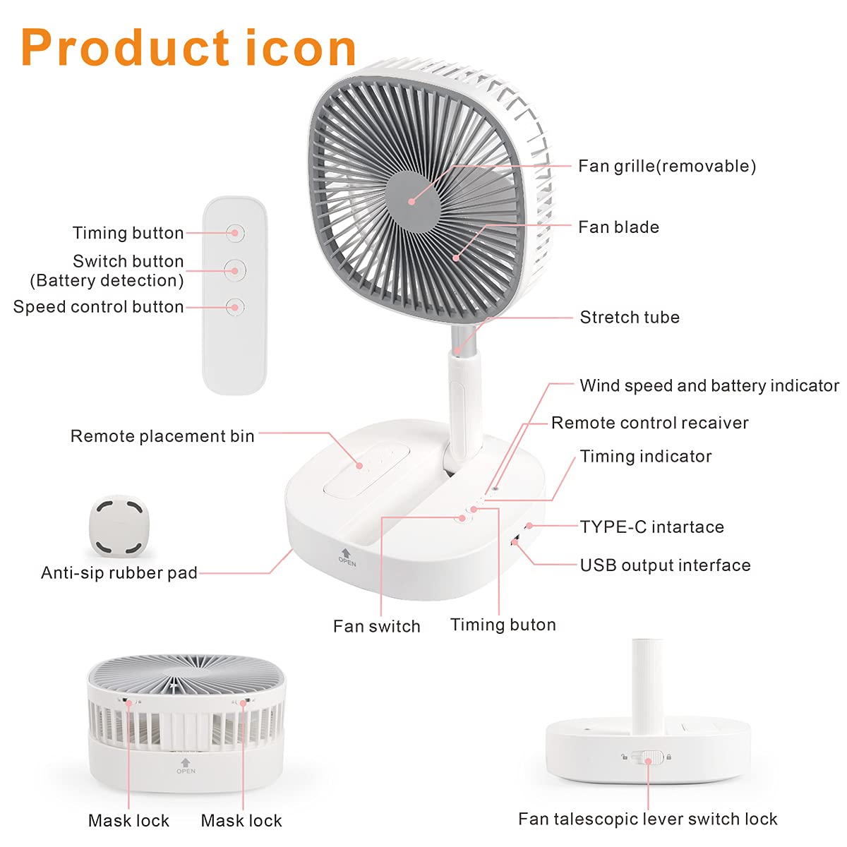 Magesh Portable Pedestal Fan - Foldaway Standing Fan Foldable Desk Fan, Use 7200Mah Rechargeable Battery, Remote Control Telescopic 4 Speed Quiet Timer Fan for Home Kitchen Outdoor Camping (Pink)