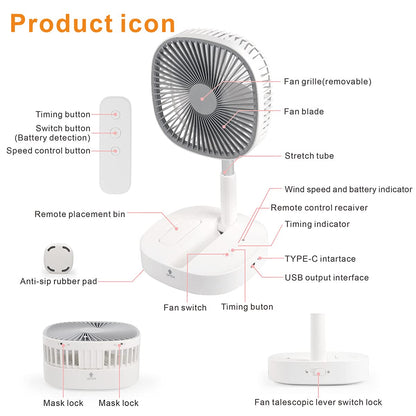 Magesh Portable Pedestal Fan - Foldaway Standing Fan Foldable Desk Fan, Use 7200Mah Rechargeable Battery, Remote Control Telescopic 4 Speed Quiet Timer Fan for Home Kitchen Outdoor Camping (Pink)