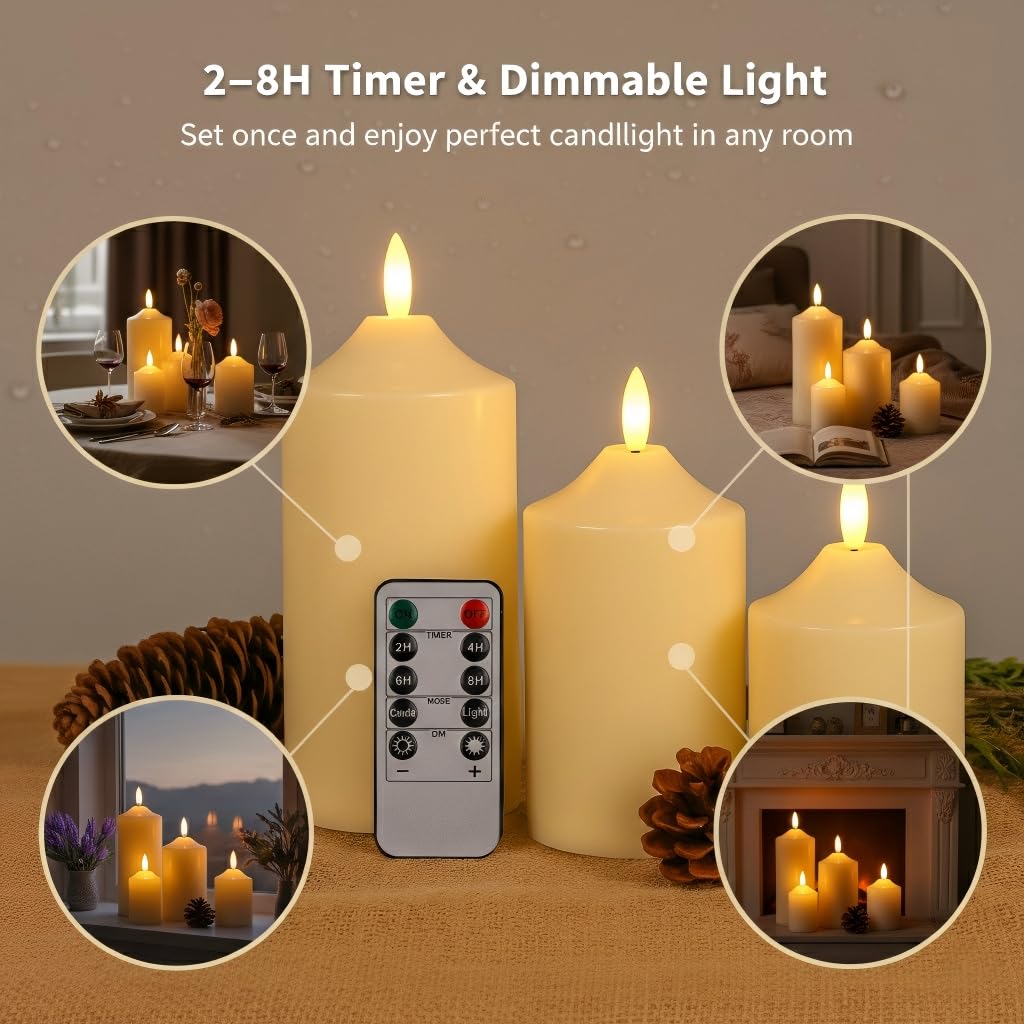 ANGELLOONG Gold Candles for Bathroom Decor, Glass Flameless Candles with Remote, Battery Operated LED Pillar Fake Candles with Timer for Christmas Home Fireplace Mantle Fall Decor