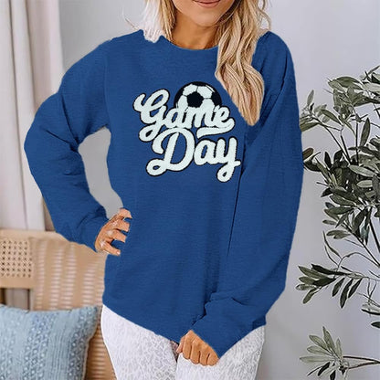 Game Day Soccer Sweatshirt Women Soccer Season Chenille Patch Pullover Top Causal Long Sleeve Football Top