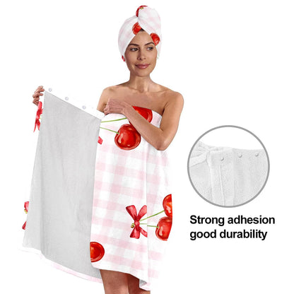 Strawberry Print Bath Wrap and Hair Drying Towel Set – Microfiber Quick Dry Shower Body Wrap for Women, Absorbent Spa Skirt with Elastic Band and Cute Bow Design (Strawberry 1)