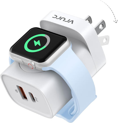 VRURC Fast Charger for Apple Watch, Built-in Wireless Magnetic Charging Station for iWatch SE/11/10/9/8/7/6/5/4, PD 20W USB C Charging Block, Foldable Wall Charger for iPhone 17/16/15/14/13-White