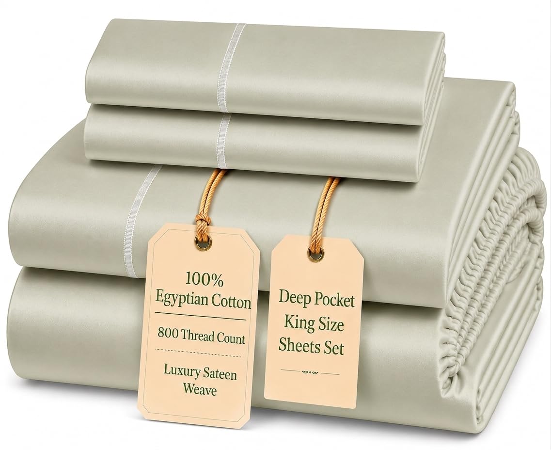 100% Egyptian Cotton Sheets King Size Sheets Set with Fully Elasticated 15" Deep Fitted Sheet & Pillowcase Sets, 800TC Sateen Weave Hotel Collection King Sheet Set, Soft Luxury White Bedding