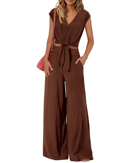 PRETTYGARDEN Women's Summer 2 Piece Outfits 2026 Cap Sleeve V Neck Belted Crop Tops Wide Leg Pant Sets Casual Tracksuit