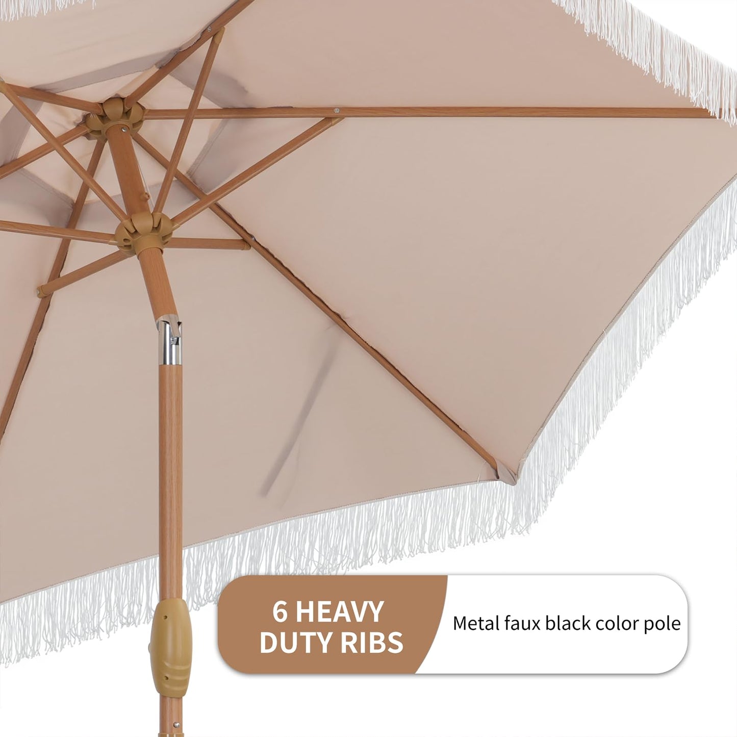 GDY 7.5ft Tassel Patio Umbrella and Matching Base, Outdoor Table Umbrella with 18 LED Lights,Market Umbrella with 6 Sturdy Ribs, with Push Button Tilt and Crank, Bright White