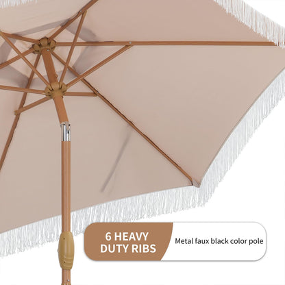 GDY 7.5ft Tassel Patio Umbrella and Matching Base, Outdoor Table Umbrella with 18 LED Lights,Market Umbrella with 6 Sturdy Ribs, with Push Button Tilt and Crank, Bright White