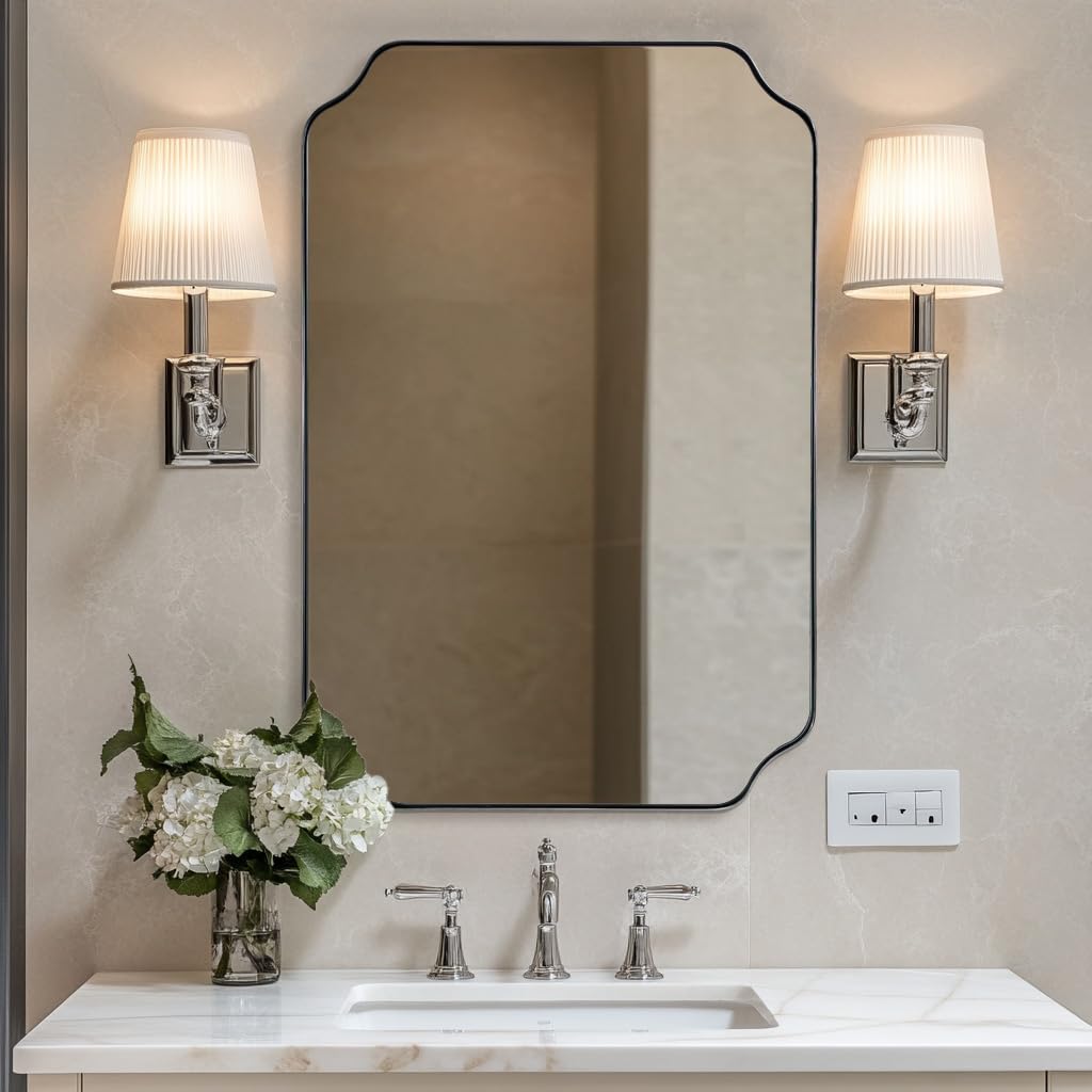 ANDY STAR Unique Rectangle Wall Mirror, 24"x32" Black Mirror, Modern Mirror with Aesthetic Scalloped Edge Design Ideal for Bathroom, Bedroom or Entryway, Thin Frame Deep 1’’