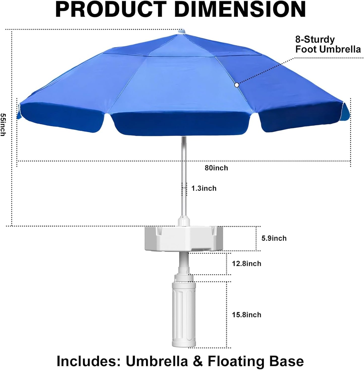 Floating Pool Umbrella - 7ft, Outdoor Floating Umbrella for Inside of Pool with Weighted Base, 4 Cupholders Floating Table with Sun Shade, No-Tools Setup for Pool, Lake & Beach