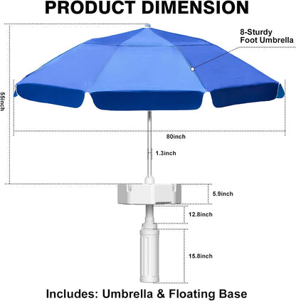 Floating Pool Umbrella - 7ft, Outdoor Floating Umbrella for Inside of Pool with Weighted Base, 4 Cupholders Floating Table with Sun Shade, No-Tools Setup for Pool, Lake & Beach