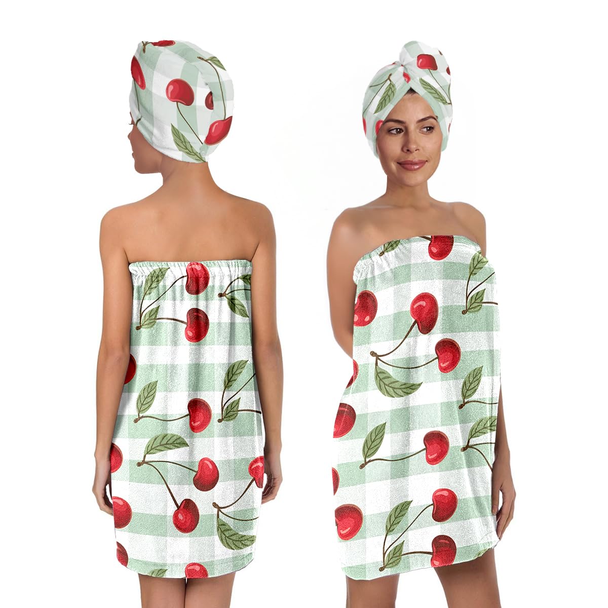Strawberry Print Bath Wrap and Hair Drying Towel Set – Microfiber Quick Dry Shower Body Wrap for Women, Absorbent Spa Skirt with Elastic Band and Cute Bow Design (Strawberry 1)