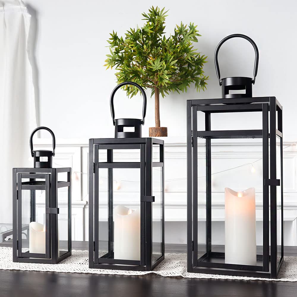 TRIROCKS Set of 3 Stainless Steel Candle Lantern 19/15/12'' High Metal Candle Holder with Tempered Glass Panels Perfect for Home Decor Living Room Parties Events Tabletop Indoors Outdoors (Rose Gold)