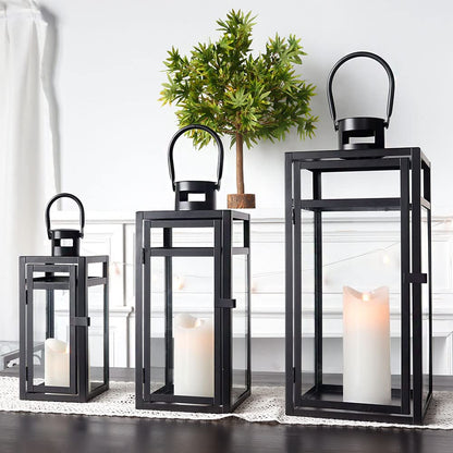 TRIROCKS Set of 3 Stainless Steel Candle Lantern 19/15/12'' High Metal Candle Holder with Tempered Glass Panels Perfect for Home Decor Living Room Parties Events Tabletop Indoors Outdoors (Rose Gold)