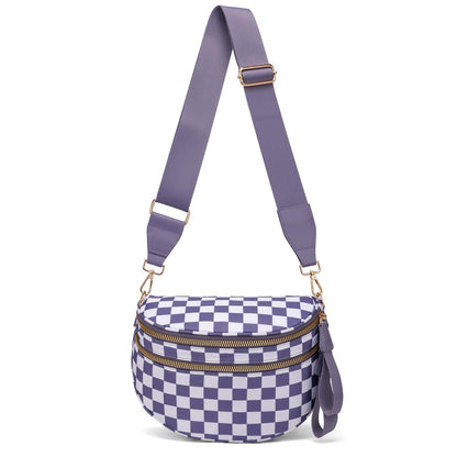 Pure Colour Crossbody Bum Bags for Women Spacious Checkered Cross body Bag Nylon Trendy Fanny Pack for Travel