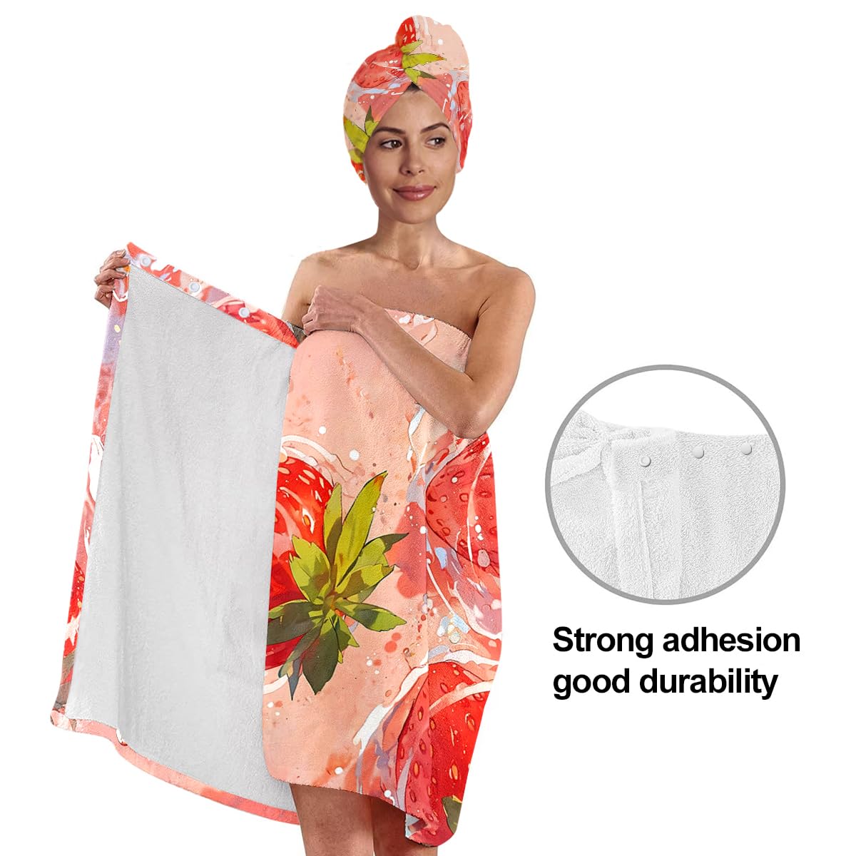 Strawberry Print Bath Wrap and Hair Drying Towel Set – Microfiber Quick Dry Shower Body Wrap for Women, Absorbent Spa Skirt with Elastic Band and Cute Bow Design (Strawberry 1)