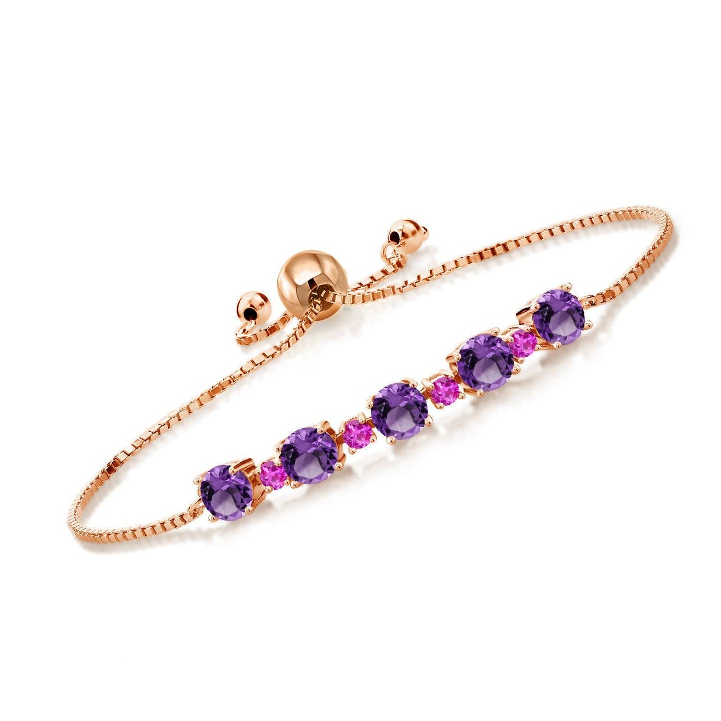 Gem Stone King Gemstone Birthstone and Pink Sapphire Tennis Bracelet 18K Rose Gold Plated Silver | Round 5MM and 2.5MM | Adjustable Bolo Design | Easy-On Easy-Off