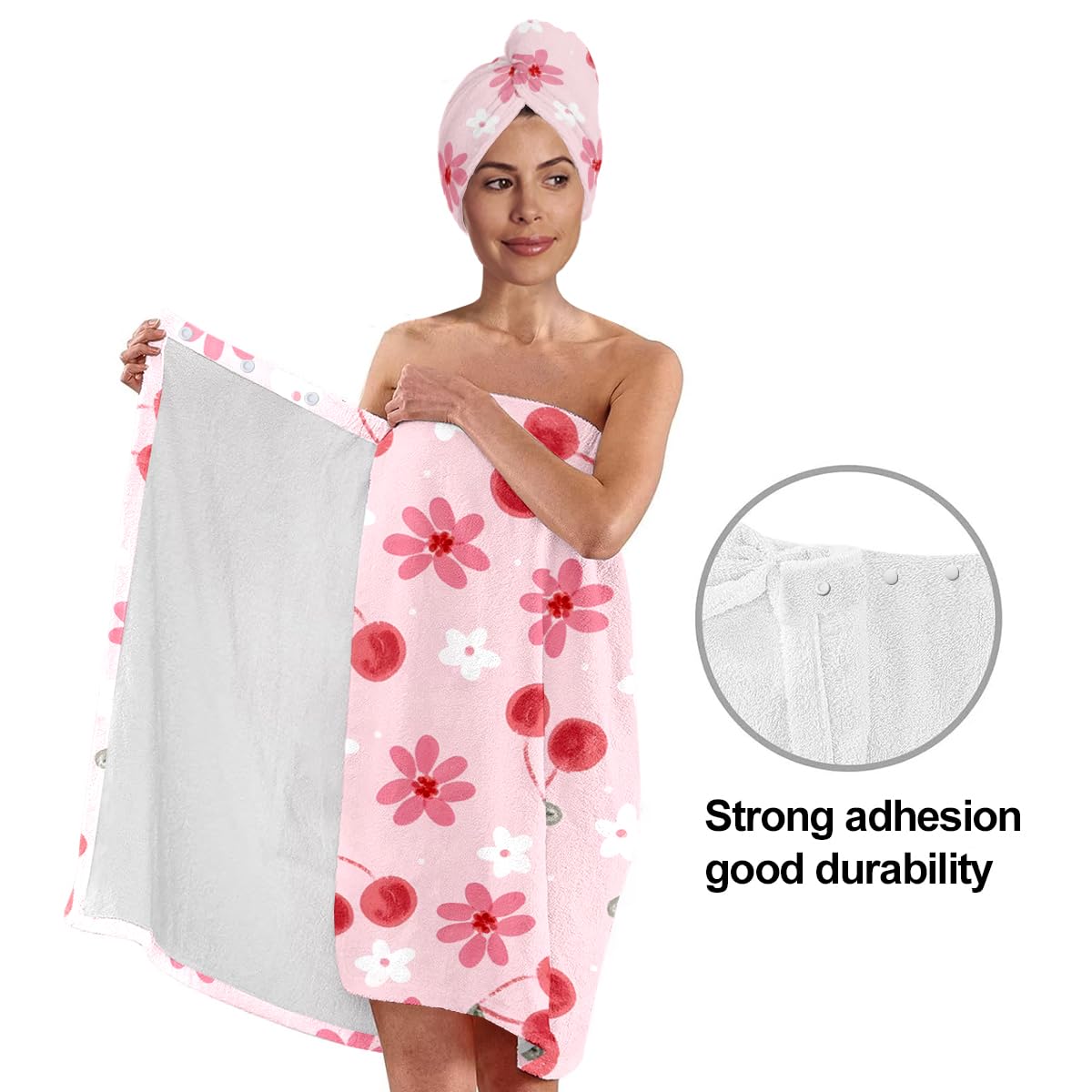 Strawberry Print Bath Wrap and Hair Drying Towel Set – Microfiber Quick Dry Shower Body Wrap for Women, Absorbent Spa Skirt with Elastic Band and Cute Bow Design (Strawberry 1)