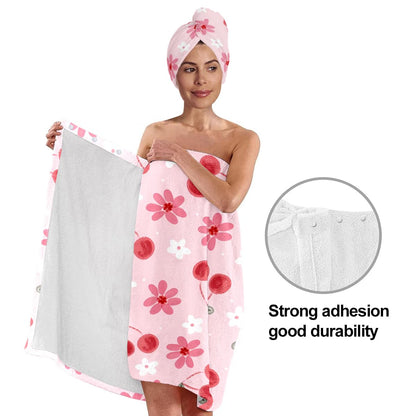 Strawberry Print Bath Wrap and Hair Drying Towel Set – Microfiber Quick Dry Shower Body Wrap for Women, Absorbent Spa Skirt with Elastic Band and Cute Bow Design (Strawberry 1)