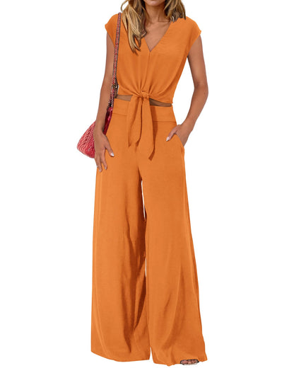 PRETTYGARDEN Women's Summer 2 Piece Outfits 2026 Cap Sleeve V Neck Belted Crop Tops Wide Leg Pant Sets Casual Tracksuit