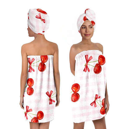 Strawberry Print Bath Wrap and Hair Drying Towel Set – Microfiber Quick Dry Shower Body Wrap for Women, Absorbent Spa Skirt with Elastic Band and Cute Bow Design (Strawberry 1)