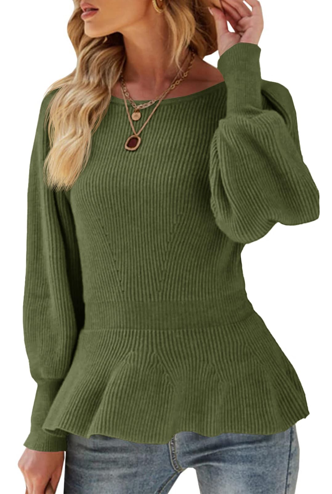 Womens Fall Puff Sleeve Peplum Casual Slim Fit Knit Pullover Sweater
