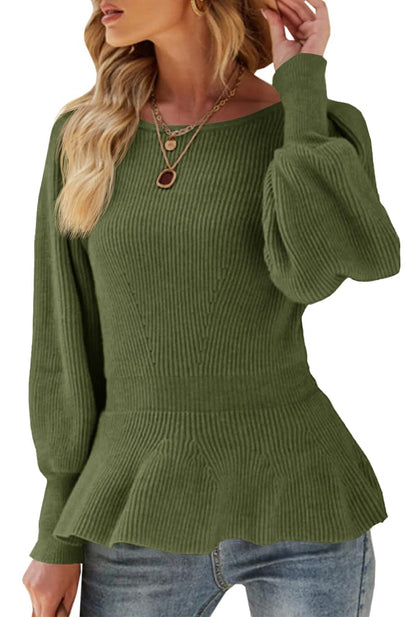 Womens Fall Puff Sleeve Peplum Casual Slim Fit Knit Pullover Sweater
