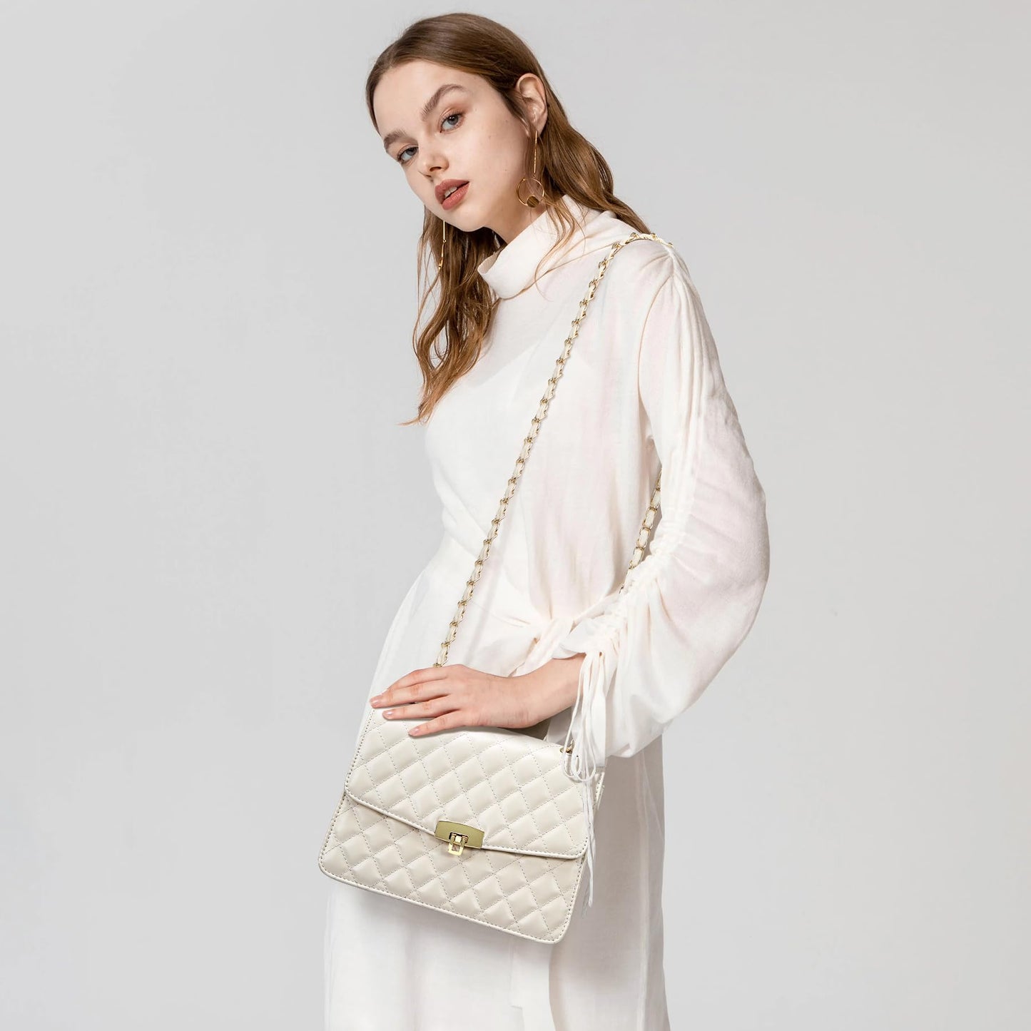 Quilted Leather Crossbody Bags for Women Trendy Ladies Shoulder Purse Satchel HandBag with Chain Strap