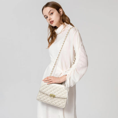 Quilted Leather Crossbody Bags for Women Trendy Ladies Shoulder Purse Satchel HandBag with Chain Strap