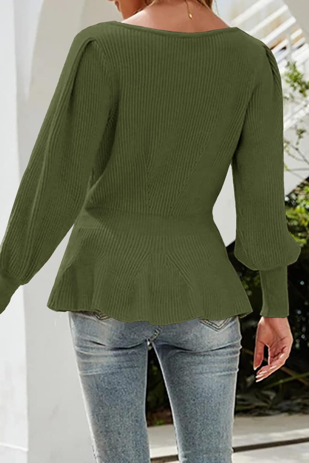 Womens Fall Puff Sleeve Peplum Casual Slim Fit Knit Pullover Sweater