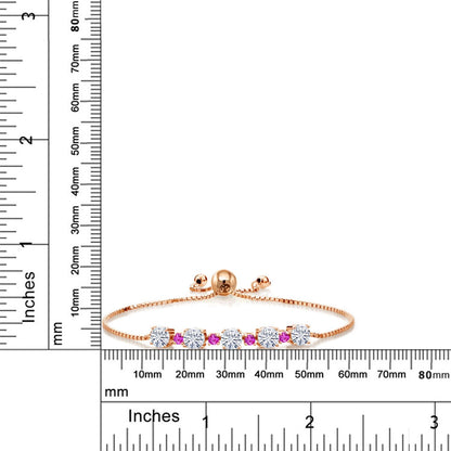 Gem Stone King Gemstone Birthstone and Pink Sapphire Tennis Bracelet 18K Rose Gold Plated Silver | Round 5MM and 2.5MM | Adjustable Bolo Design | Easy-On Easy-Off